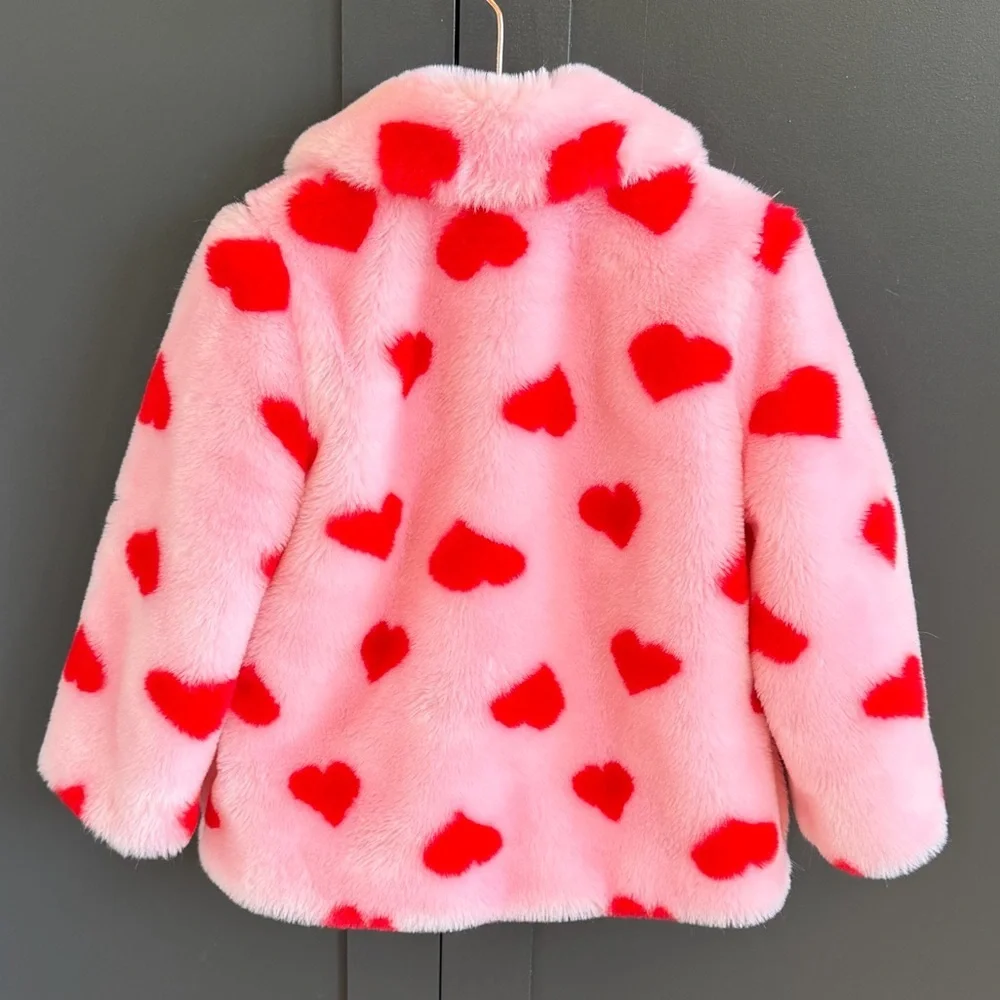 Janie and Jack | Pink and Red Heart Patterned Faux Fur Coat | 3-4